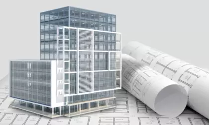 Image 3D d'un bâtiment, posé sur des plan 2D